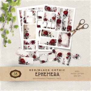Rote gotische Blume Ephemera, Vintage Dark Floral Printable für Junk Journaling und Scrapbooking, JJ006