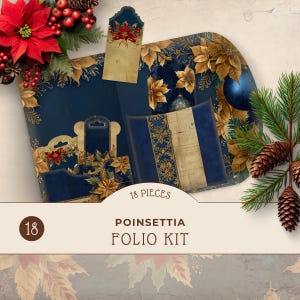 Kit folio poinsettia or bleu, carnet imprimable pourriel, Fournitures créatives en papier, pochette assortie, fleur de Noël