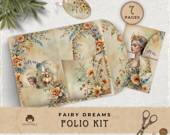 Fairy Dream Junk Journal Folio Kit, Vintage Autumn Fantasy Printable Pocket for Scrapbooking