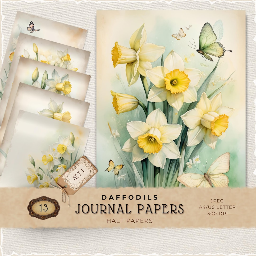 Daffodil Digital Paper Pack, Vintage Yellow Spring Floral Printable ...