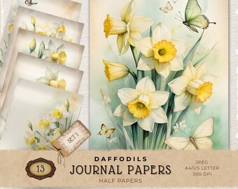Daffodil Digital Paper Pack, Vintage Yellow Spring Floral Printable Backgrounds for Junk Journaling and Scrapbooking, JJ003