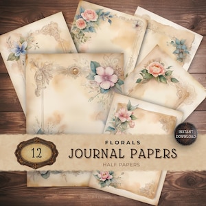 Vintage Flower Digital Scrapbooking Papers, Decorative Floral Backgrounds, Craft Supplies, Portrait Junk Journal Vintage Papers