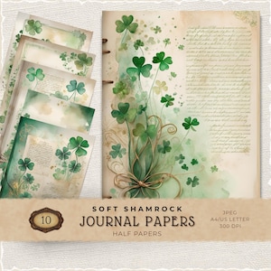 Op de afbeelding: Zachte klaverblad journaalvellen met een aquarelontwerp. De vellen hebben groene klavers en een vintage esthetiek. Bevat 10 halve vellen, perfect voor journaling of scrapbooking.