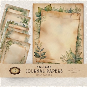 緑の葉の印刷可能な紙パック、装飾的なスクラップブッキング用紙、羊皮紙のデジタルペーパー、ジャンクジャーナル用品、カード作り