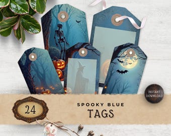 Spooky Blue Halloween Junk Journal Tags, Vintage Dark Printable for Scrapbooking and Paper Crafting, JJ022