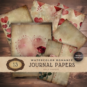 Watercolor Heart Junk Journal Papers: Valentine&#39;s Day Ephemera (Digital Download, PDF