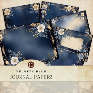 Conjunto de papeles digitales de color azul aterciopelado, páginas de diario con motivos florales, paquete de papel para álbumes de recortes, uso comercial, papeles imprimibles, fondos florales