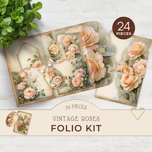 kit de pochette folio rose vintage, téléchargement immédiat, fournitures pour scrapbooking, créations florales romantiques en papier, éphémères de journal indésirable