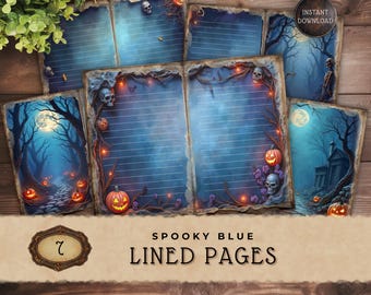 Spooky Blue Lined Junk Journal Pages, Vintage Halloween Printable Scrapbook Paper Download, JJ022