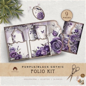 Purple Gothic Flower Junk Journal Folio Kit, Vintage Dark Printable Pocket for Scrapbooking, JJ006