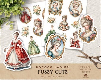 Rococo Ladies Fussy Cuts, Vintage Elegant Printable Ephemera for Junk Journaling and Scrapbooking