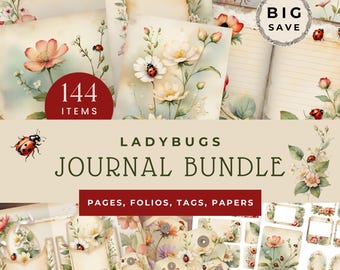 Ladybug Junk Journal Printable Kit, Folio Ephemera Tags, Digital Paper for Scrapbooking & Collage, Instant Download Bundle, JJ009