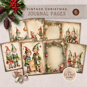 Páginas de diario vintage de elfos navideños, papeles digitales, materiales para manualidades, artículos esenciales para scrapbooking, descarga instantánea, manualidades con papel