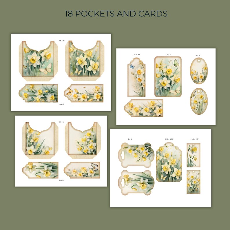 May include: A selection of paper pockets and cards with a watercolour floral design featuring yellow daffodils and butterflies. The text "18 POCKETS AND CARDS" is at the top. The cards are in various shapes and sizes.