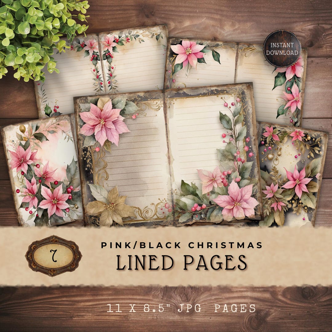 Pink Christmas Lined Junk Journal Pages, Vintage Poinsettia Printable ...