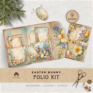 Vintage Easter Bunny Junk Journal Folio Kit, Spring Printable Pocket for Scrapbooking, JJ002