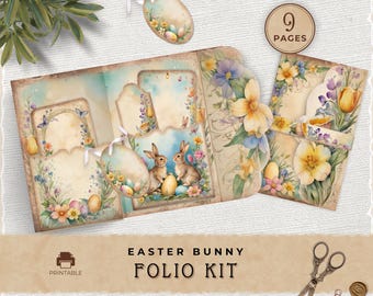 Vintage Easter Bunny Junk Journal Folio Kit, Spring Printable Pocket for Scrapbooking, JJ002