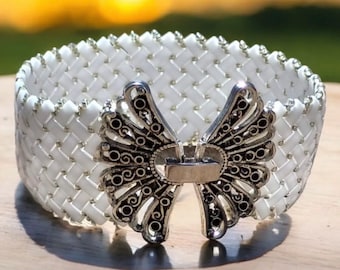 Elegant Handmade Women's Cuff Bracelet with White Tila Beads and Gold Miyuki Seed Beads, Featuring an Ethnic Yellow Clasp