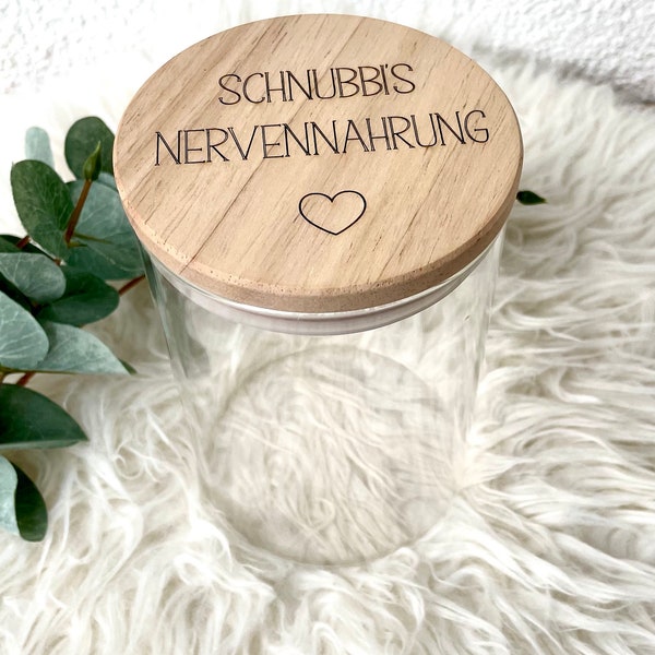 Vorratsglas mit Holzdeckel aus Eiche, Nervennahrung, Wunschgravur -personalisierte Geschenkidee , Geldgeschenk, Keksglas beschriftet, Herz