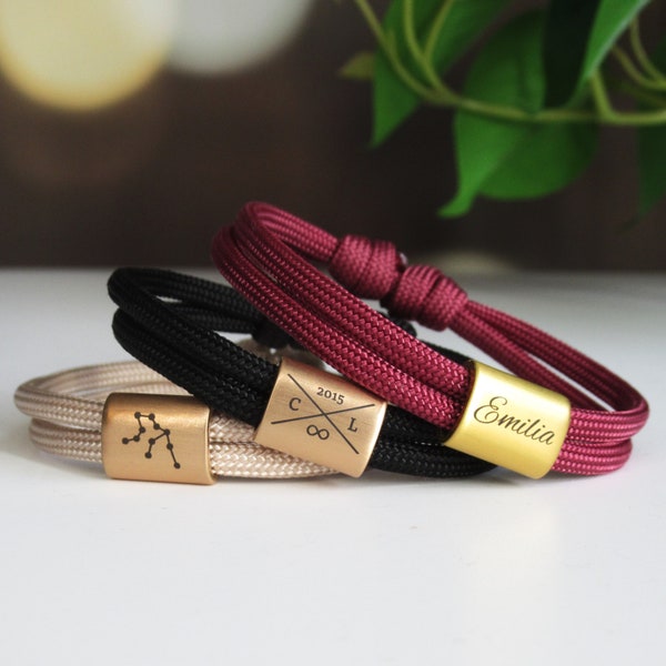 Pulsera grabada, pulsera surfista de cuerda de vela, regalo de pareja, regalo de confirmación, regalo de aniversario personalizado