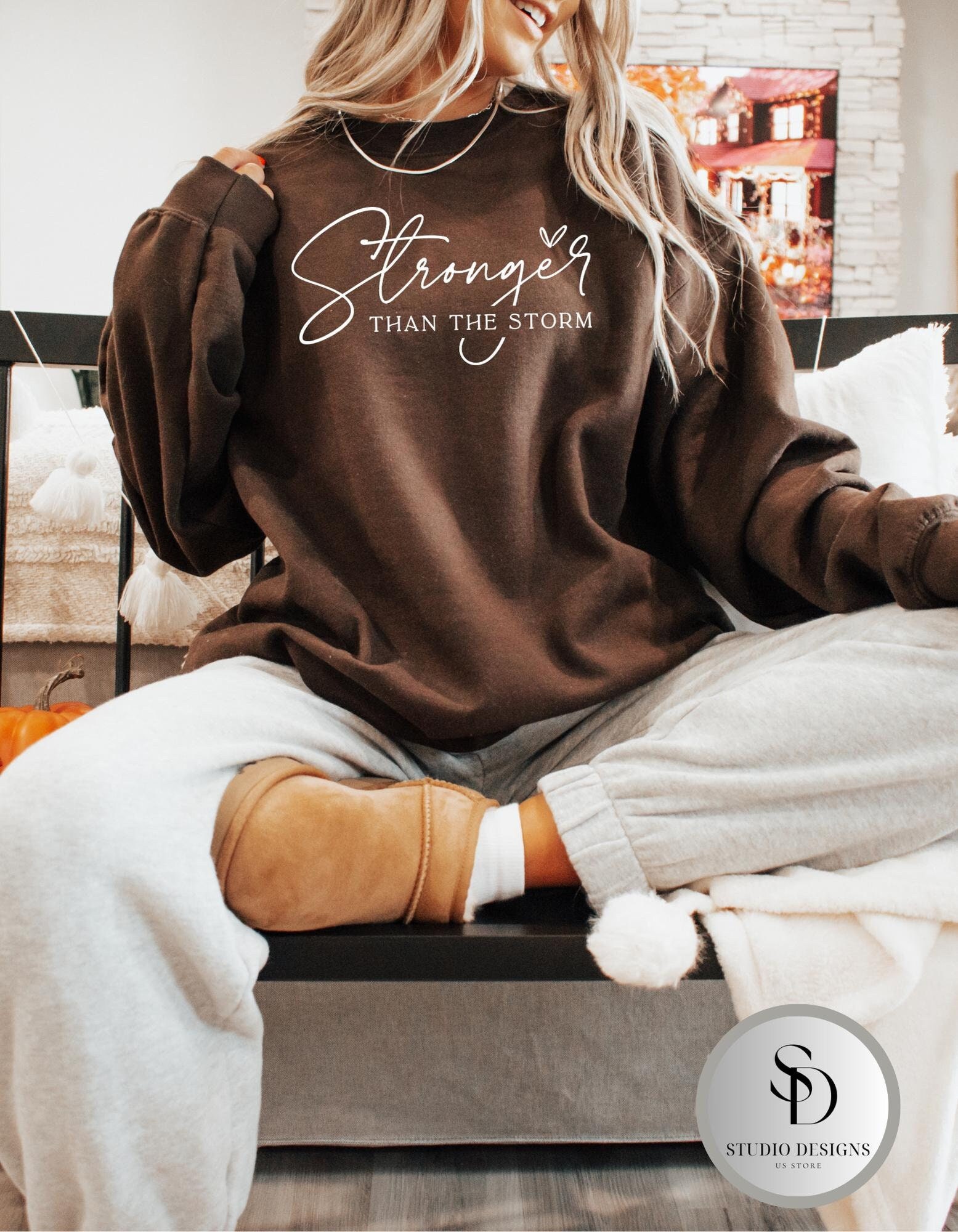 Stronger Than the Storm Crewneck Inspirational Womens Crewneck Faith Design Sweatshirt Positive Message Sweatshirt Gift for Strong Women
