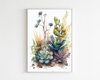 Watercolor Succulent Print, Boho Floral Art (Digital Download)