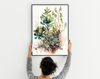 Watercolor Succulent Botanical Print, Boho Floral Wall Art (Digital Download)