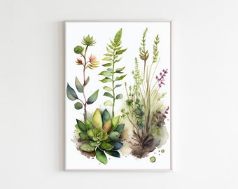 Watercolor Botanical Print, Sage Green Wildflowers (Digital Download)
