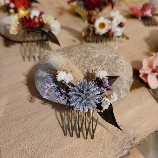 Mini-peigne en fleurs séchées, pour une jolie coiffure de cérémonie, de mariage, de fête