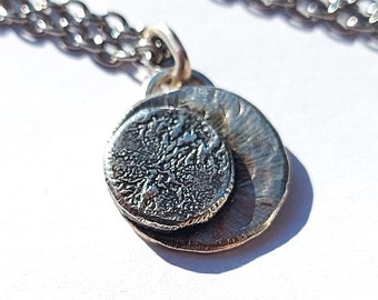 Solar Eclipse pendant necklace Reticulated and Oxidised, Moon and Sun necklace