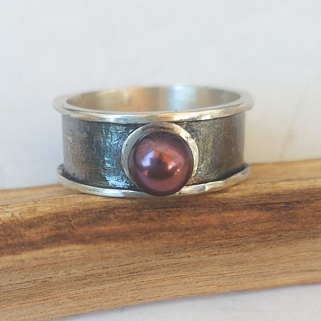 Rustic Wide Band Statement Black Pearl Ring Size O Ring 7.25 Etsy