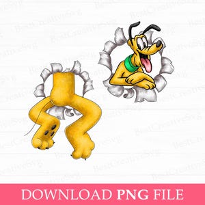 Puede incluir: Ilustración de dibujos animados de Pluto, el perro de Disney, rompiendo un efecto de papel rasgado. La imagen muestra la cabeza y las patas delanteras de Pluto, y sus patas, en un esquema de color amarillo y negro. El texto "DOWNLOAD PNG FILE" está en la parte inferior.