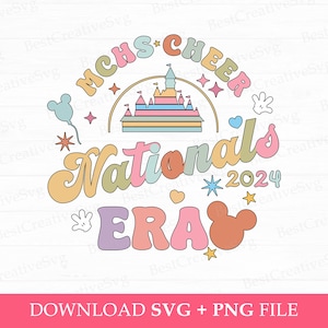 May include: A colorful graphic design featuring a stylized castle, Mickey Mouse ears, stars, and the text "MCHS CHEER NATIONALS 2024 ERA".