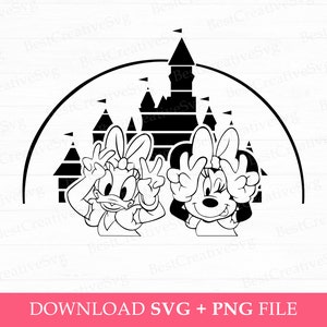 May include: Black and white silhouette of Mickey Mouse and Minnie Mouse in front of a silhouette of the Cinderella Castle. The characters are both giving the peace sign.