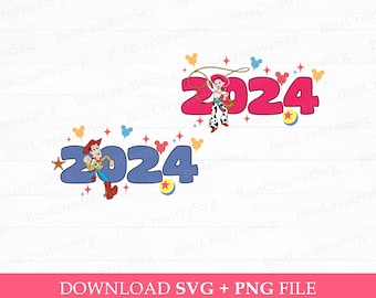 SVG de vacaciones familiares 2024, vaquera, vaquera, ratón y globos (descarga instantánea)