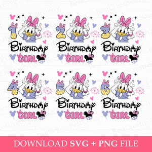 May include: Six colorful images featuring a cartoon duck character with a pink bow, wearing a purple dress, and holding up two fingers. Each image has a number from 1 to 6, a pink bow, and the text "Birthday Girl".