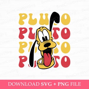 May include: A cartoon illustration of Pluto, a yellow dog with a black ear and a red tongue, is featured. The word "PLUTO" is stacked four times in yellow and red retro font. The bottom of the image reads "DOWNLOAD SVG + PNG FILE".