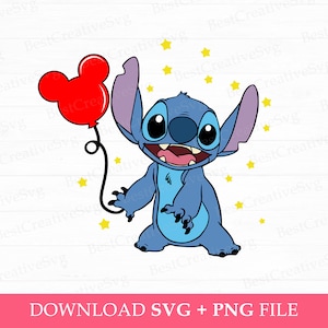 May include: Blue Stitch character holding a red Mickey Mouse balloon with yellow stars in the background.