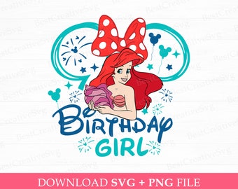 Mermaid Princess Birthday Svg, Birthday Girl Svg, Mouse Ear and Star Svg, Mouse Ear Balloons Svg, Family Birthday, Png Svg Files For Print