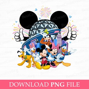 Könnte beinhalten: Ein farbenfrohes Grafikdesign mit Micky Maus, Minnie Maus, Donald Duck, Daisy Duck, Goofy und Pluto. Die Charaktere stehen vor einem futuristischen Gebäude und einer Skyline, mit Feuerwerk und Mickey Mouse Ohren. Der Text "DOWNLOAD PNG FILE" steht unten.