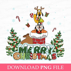 May include: A Christmas illustration featuring Goofy and Pluto dressed in festive attire. Goofy is wearing a Santa hat and Pluto has reindeer antlers. They are standing on a chimney with a sack of presents and a Christmas tree in the background. The text "Merry Christmas" is written in a festive font.