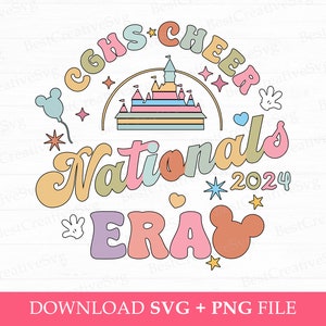 Puede incluir: Un diseño gráfico colorido con un castillo estilizado, orejas de Mickey Mouse, estrellas y el texto "CGHS CHEER Nationals 2024 ERA".