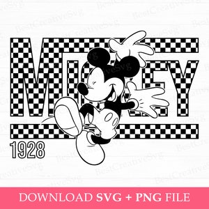 Puede incluir: Ilustración en blanco y negro de Mickey Mouse en un patrón a cuadros con la palabra "Mickey" y el año "1928" en el diseño.