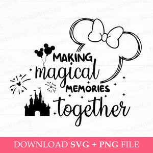 Pode incluir: Design em silhueta preto e branco de orelhas do Mickey Mouse com um la&ccedil;o, um castelo, fogos de artif&iacute;cio e o texto "MAKING magical MEMORIES together".