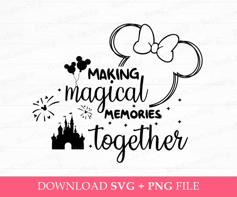 Pode incluir: Design em silhueta preto e branco de orelhas do Mickey Mouse com um la&ccedil;o, um castelo, fogos de artif&iacute;cio e o texto "MAKING magical MEMORIES together".
