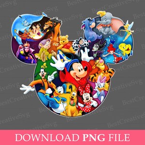 K&ouml;nnte beinhalten: Eine farbenfrohe Illustration von Mickeys Kopf mit verschiedenen Disney-Charakteren darin, darunter Mickey Mouse, Minnie Mouse, Donald Duck, Goofy und andere. Die Figuren sind kreisf&ouml;rmig um Mickeys Kopf angeordnet.