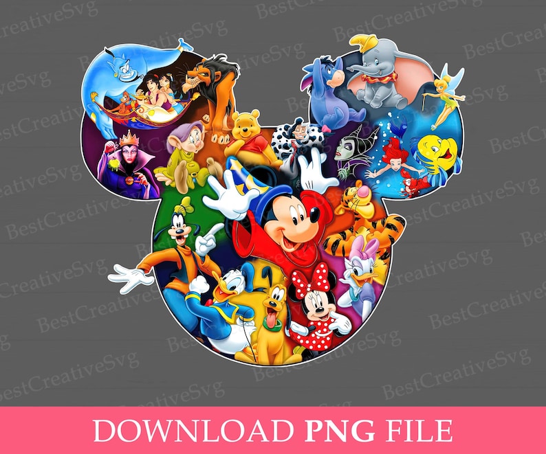 K&ouml;nnte beinhalten: Eine farbenfrohe Illustration von Mickeys Kopf mit verschiedenen Disney-Charakteren darin, darunter Mickey Mouse, Minnie Mouse, Donald Duck, Goofy und andere. Die Figuren sind kreisf&ouml;rmig um Mickeys Kopf angeordnet.