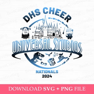May include: A blue and white circular design with the text "DHS Cheer Universal Studios Nationals 2024". The design features a castle, a dinosaur, a minion, and other Universal Studios attractions.