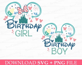 Bundle Family Birthday Svg, Birthday Girl Svg, Birtday Boy Svg, Birthday Squad Svg, Mouse Ear and Balloons, Castle Svg, Png For Sublimation