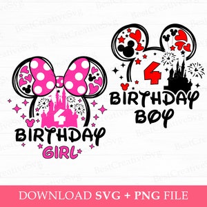 Bundle Birthday Svg, Birthday Boy Svg, Birthday Girl Svg, Magical Kingdom Svg, Mouse Ear and Balloons, 4 Years Birthday Svg, Png Svg Files